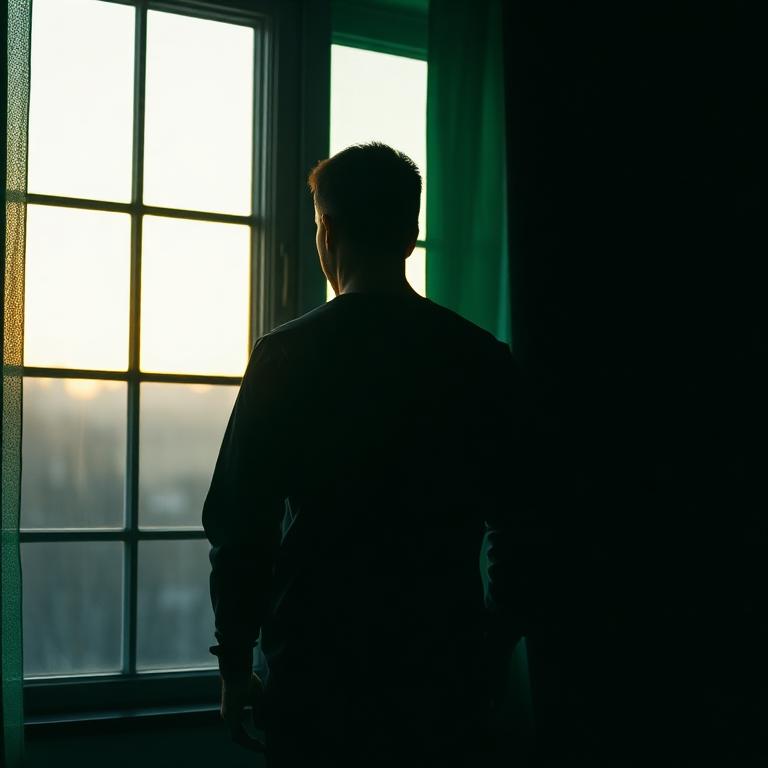 Pessoa diante da janela ao amanhecer, sensação de liberdade.