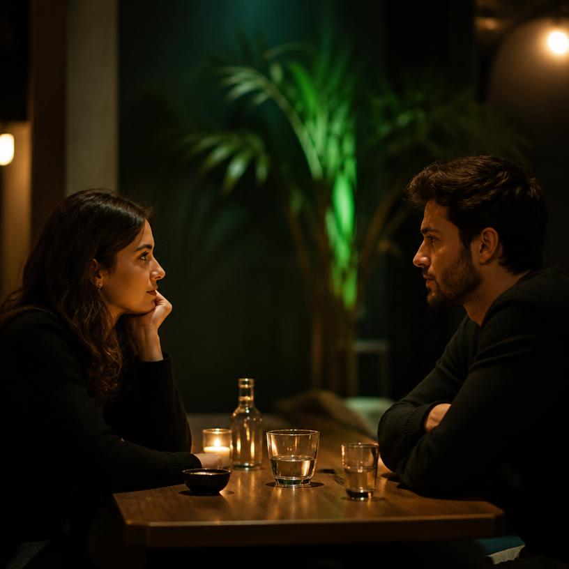 Duas pessoas em conversa profunda à mesa, em luz baixa.